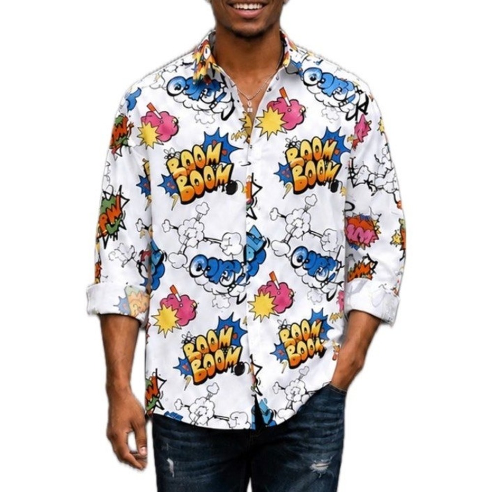 NWT asos Comic Book Print Oversized Long Sleeve Button Down Shirt. Men's Size M